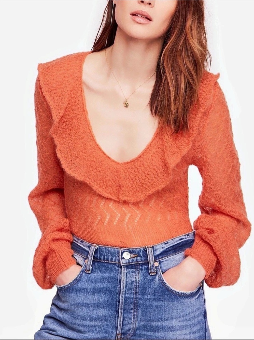 Free People Macaroon Ruffled-Neck Sweater Orange